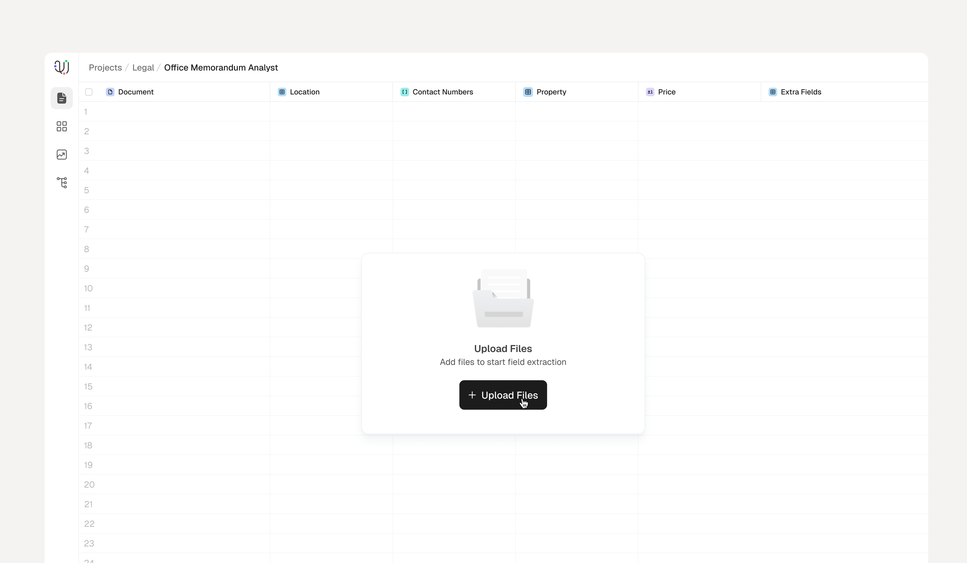 Empty state inside an agent showing available fields and Upload Files prompt