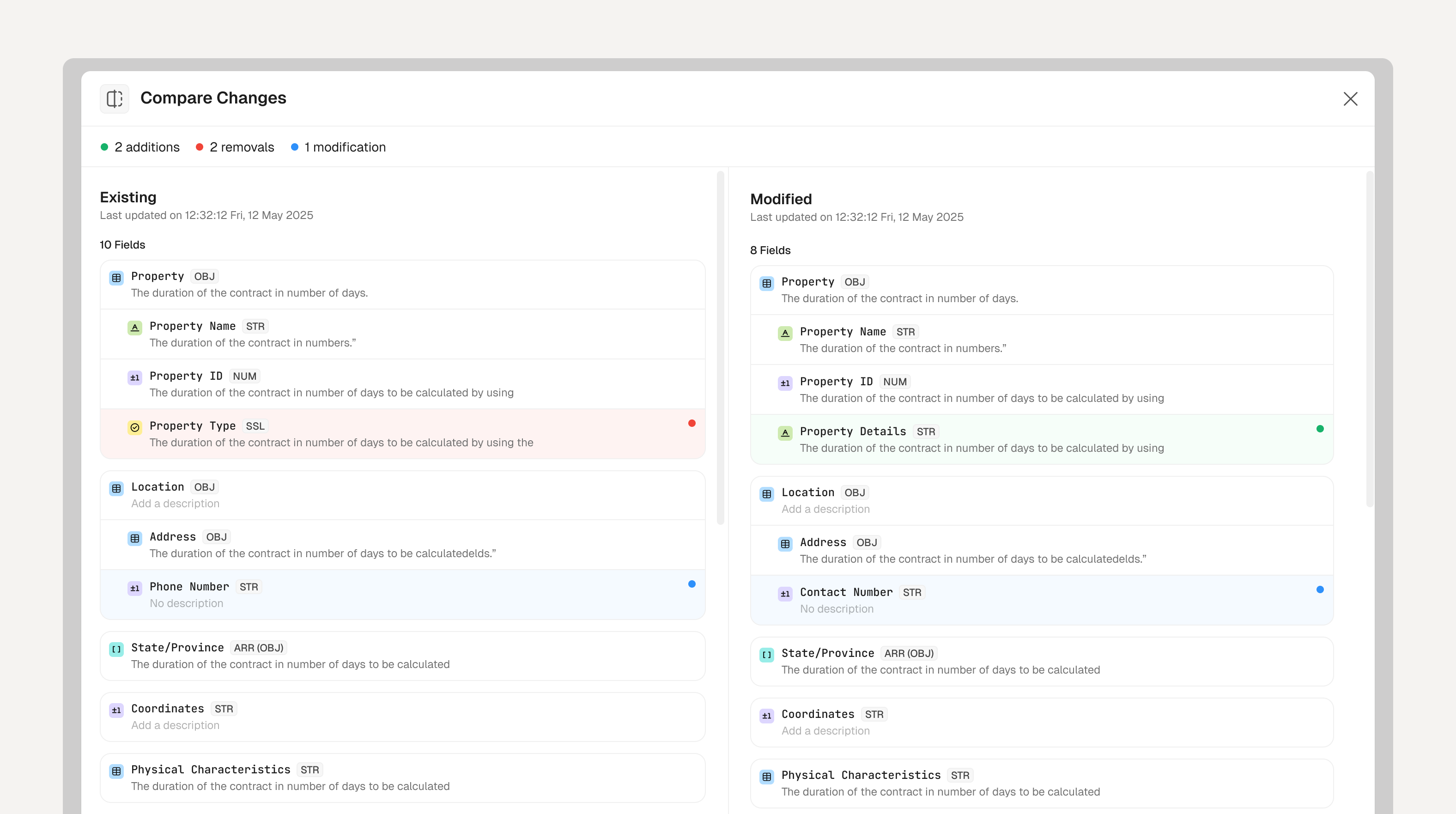 Compare Changes modal showing additions, removals, and modifications side by side