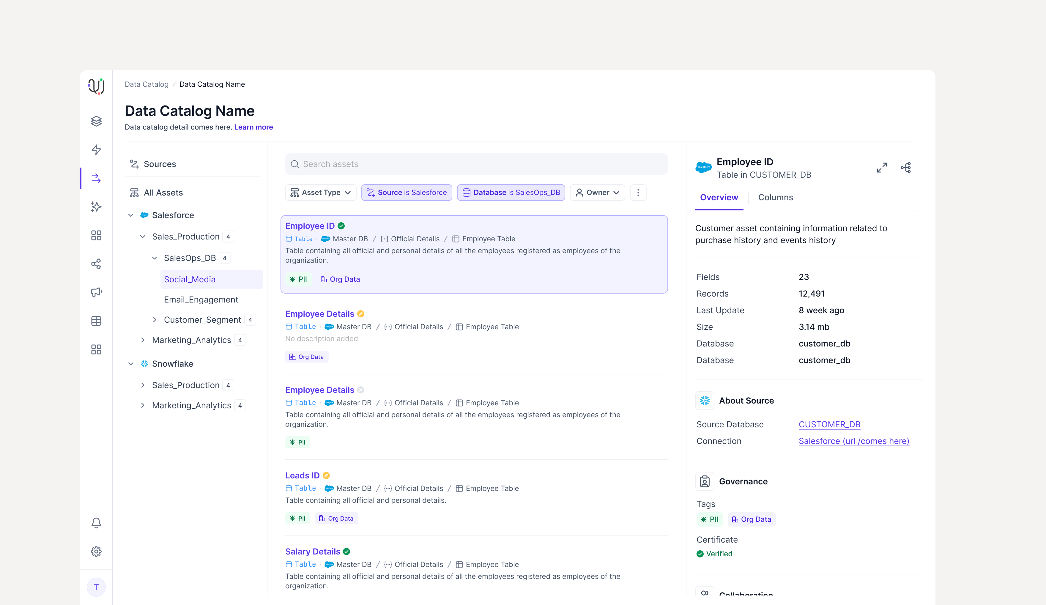 Three-panel asset browser with smart filtering across a large data estate