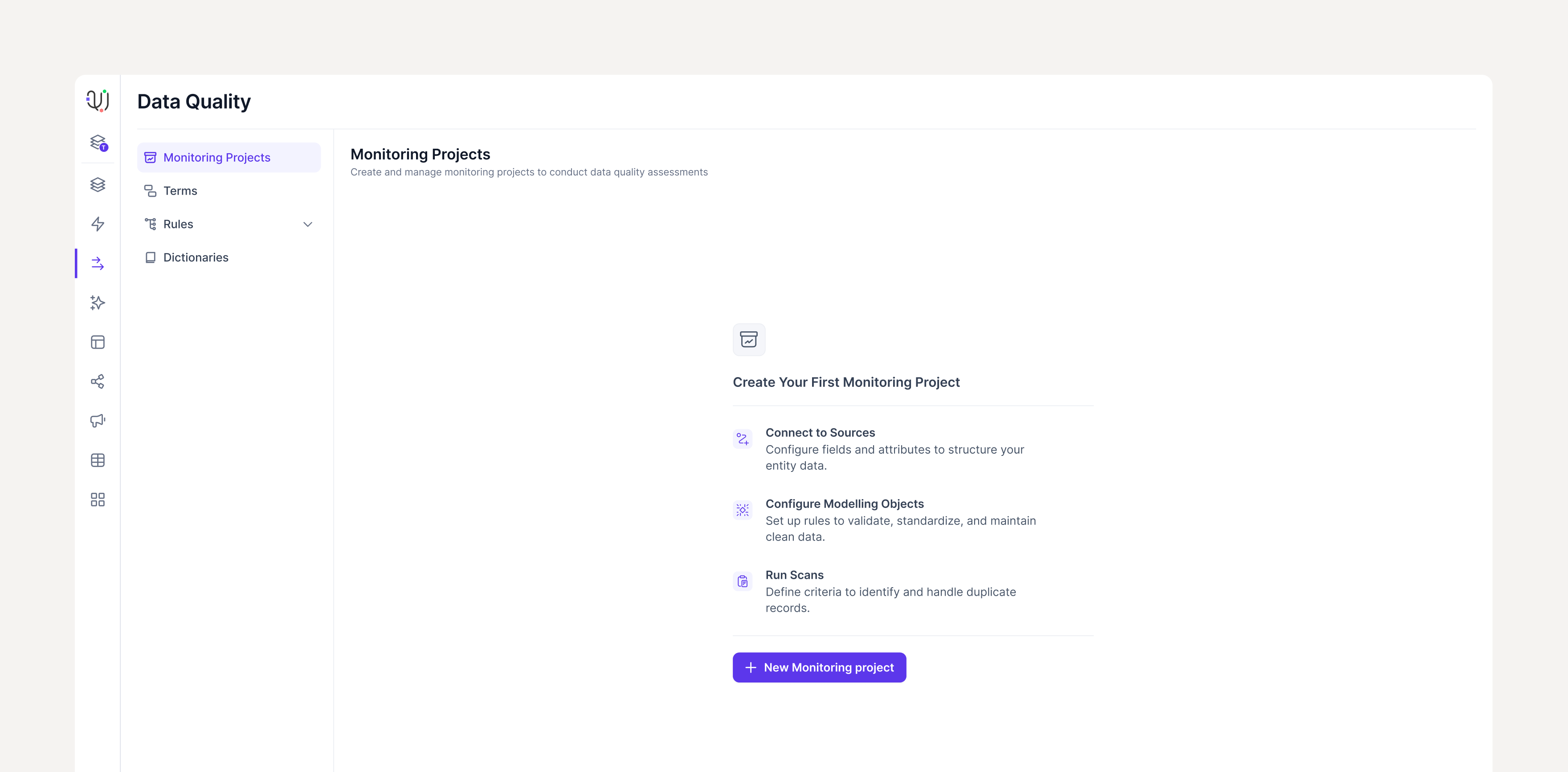 Empty state for monitoring projects showing the three setup steps and a clear call to action