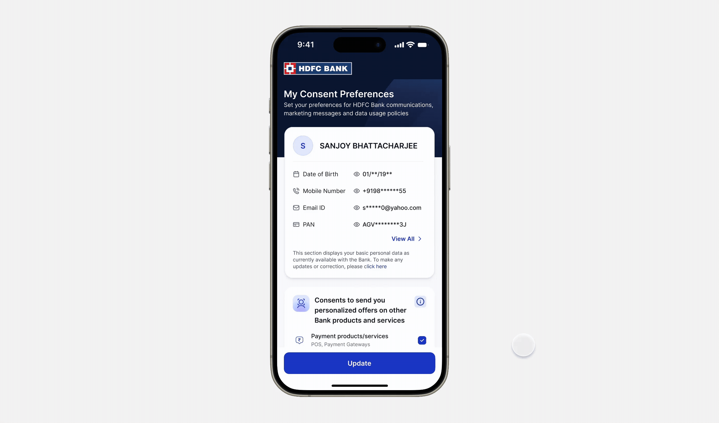 Mobile consent preferences scrolling screen