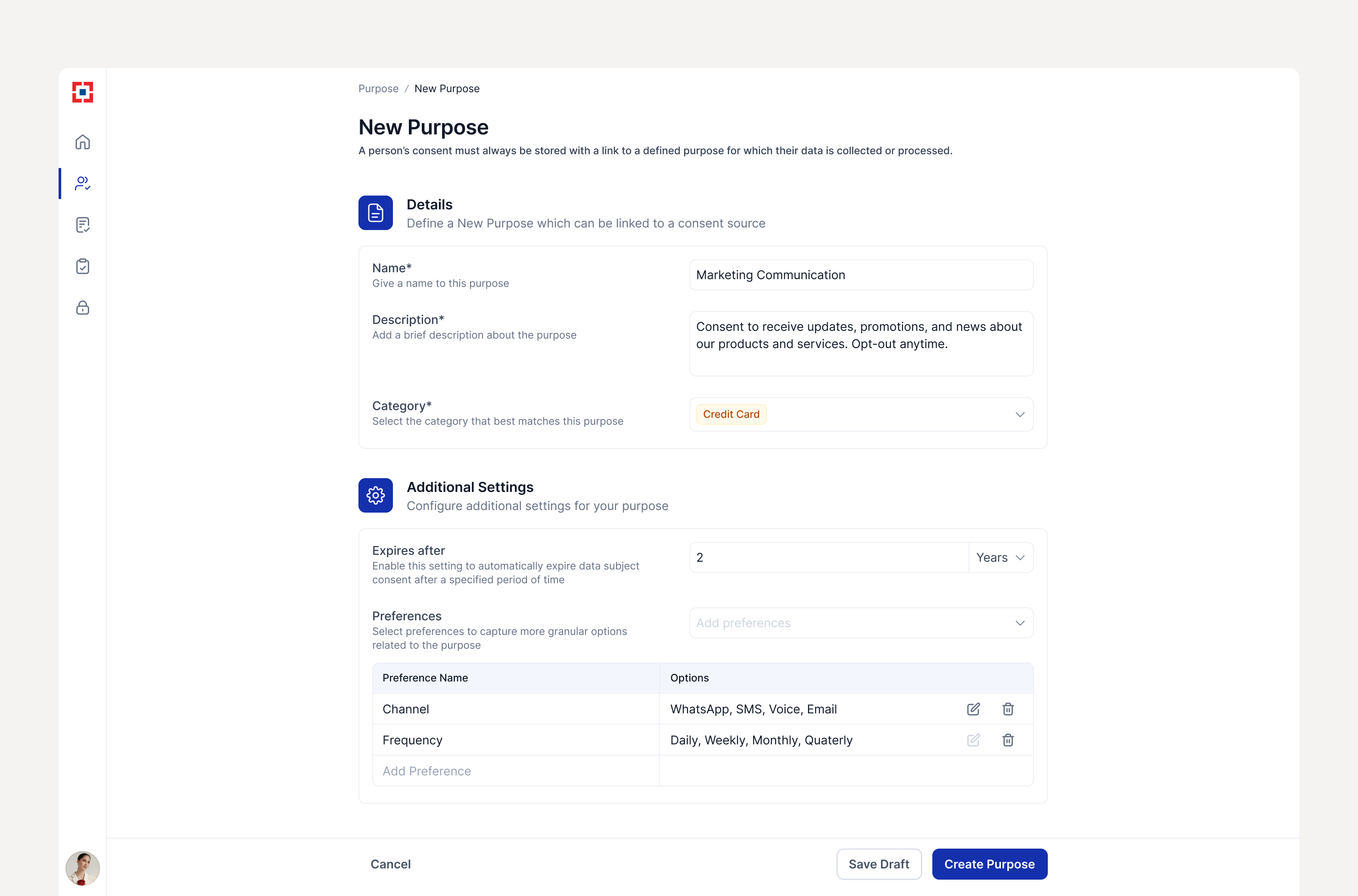 Purpose management admin view
